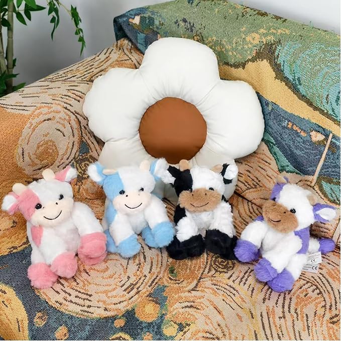 Purple and White Cow Weighted Stuffed Animal 7.87in Cute Sitting Cow Plush with Smile Soft Fluffy Small Farm Plushie for Kids Adults Birthday Festival Gift Bed Home Office Decoration Toys