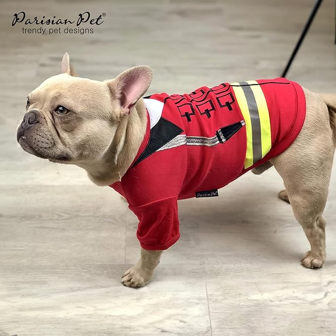 Parisian Pet Dog Shirt - Embroidered Dog Firefighter Costume - 100% Cotton and Polyester Dog Clothes - Sleeved Pet Costumes - Red Dog Costumes for Small Dogs - Lightweight Pet Shirts - S