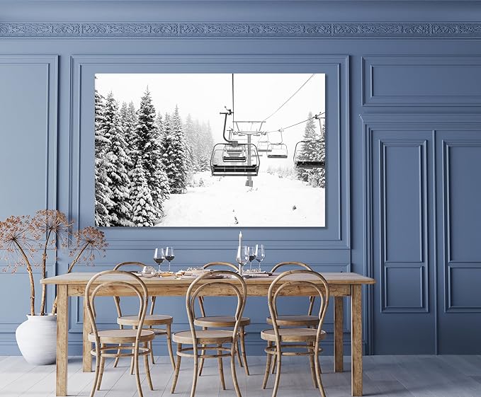 Nature Wall Art Prints - Ocean Forest Mountain Lake Canvas Landscapes - Small to Extra Large Living Room Bedroom Kitchen Bathroom Décor (Ski Lift on Snowy Mountain, 31L" x 47W")