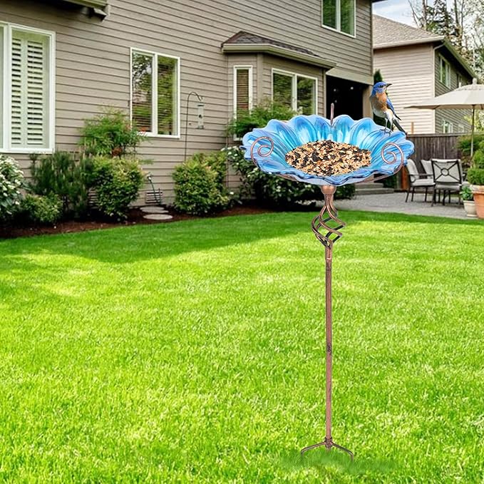 Bird Baths for Outdoors, Glass Birdbaths Outdoor Garden Birdfeeder with Metal Stake Blue (Height:31inch)