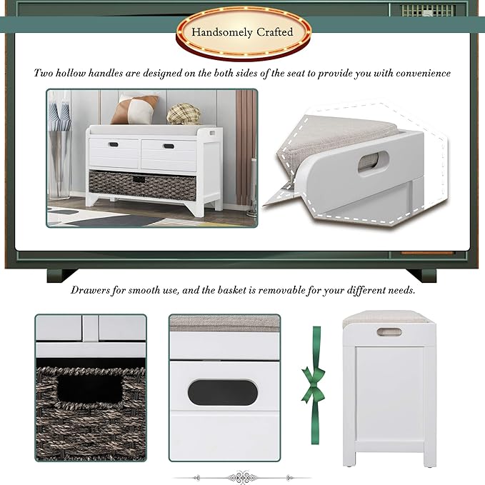 Storage Bench Removable Basket 2 Drawers Fully Assembled Acacia Wood Shoe Bench Standing Shoe Rack Removable Cushion for Living Room, Entrance Hallway, No Assembly Required White