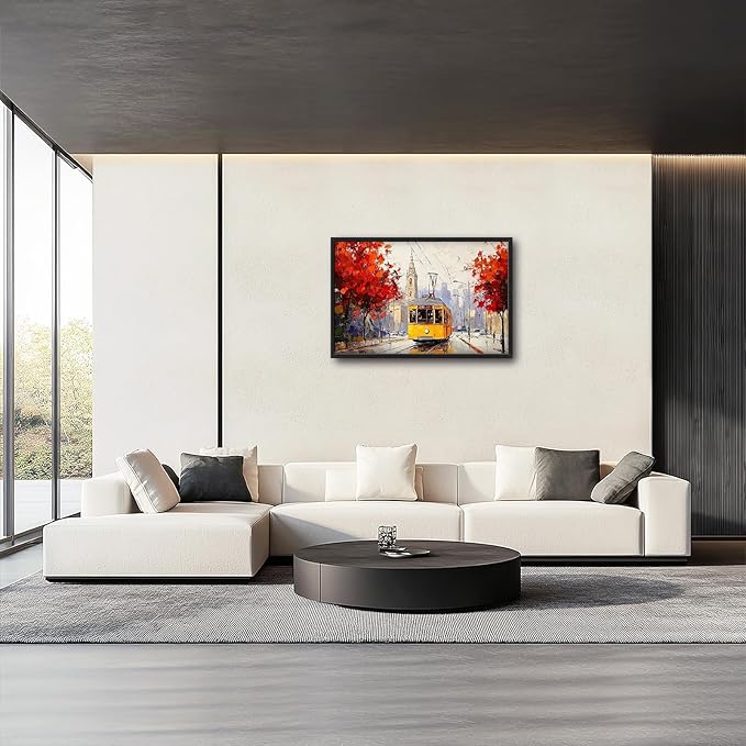Large Cityscape Wall Art for Living Room, Framed Oversized Urban Tram Wall Decor Tree Landscape Canvas Painting Modern Artwork for Living Room Bathroom Bedroom Office Dining Room 36"x24"