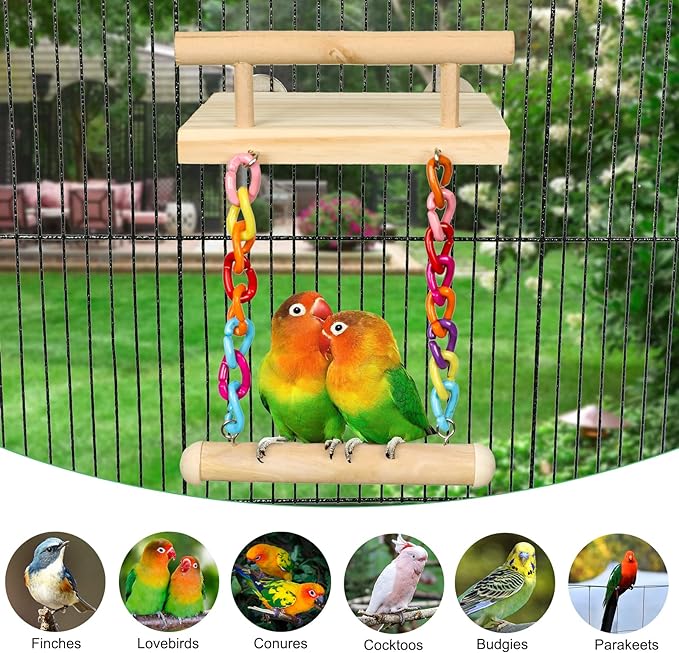 Bird Perches Cage Toys Parrot Wooden Platform Play Gyms Exercise Stands with Acrylic Wood Swing Ferris Wheel Chewing for Animals Green Cheeks, Baby Lovebird, Chinchilla, Hamster Budgie