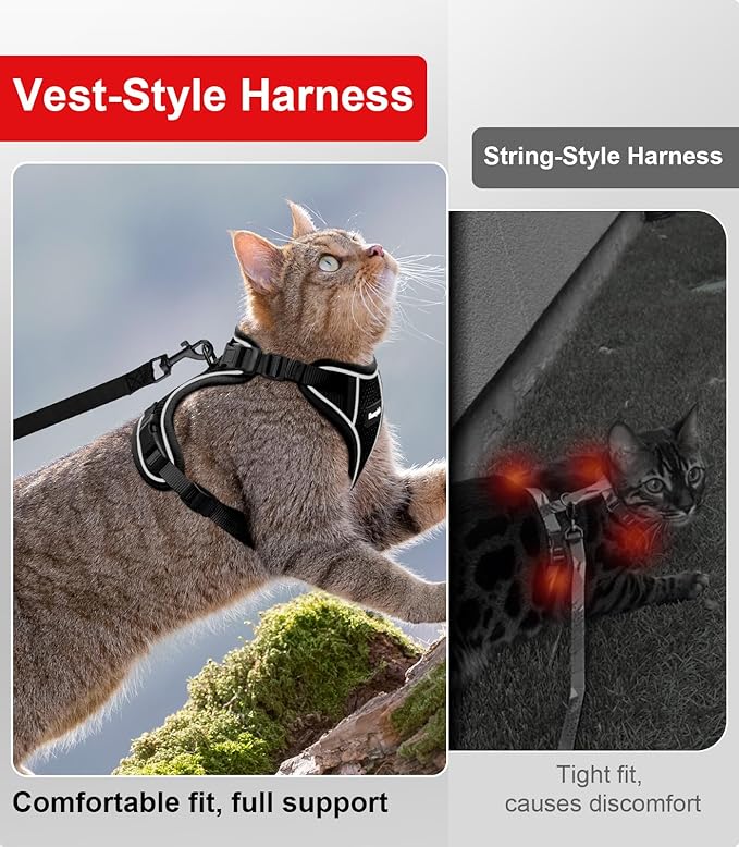 Cat Harness and Leash for Walking Escape Proof Soft Adjustable Cat Leash Breathable Comfortable Vest Easy to Wear Kitten Harness for Outdoor Travel Black M