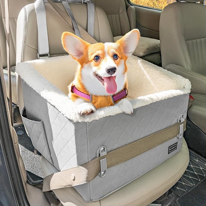 PETSFIT Small Dog Car Seat, Soft Foam Dog Booster Car Seat with Patented Safety Buckles, Storage Pockets and Detachable Clip-On Safety Leash, Dog Car Seat for Medium Dogs 30 LBS (Grey)