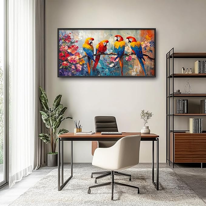 Extra Large Framed Parrot Bird Wall Art,Oversized Abstract Colorful Parrots Flower Wall Decor Pictures for Living Room,Canvas Print Painting Modern Artwork Bedroom Office Bathroom Home Decor 60L x30W