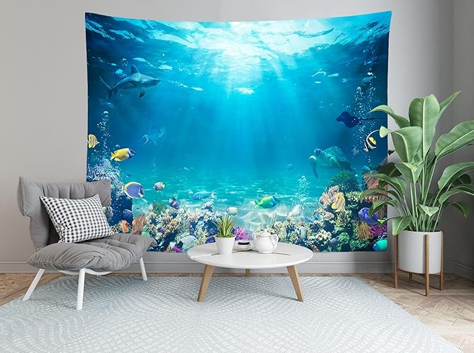 Loccor Underwater World Tapestry Blue Ocean Wall Hanging Under the Sea Coral Reef Wall Tapestry 236x118 Inches Tropical Fish Tank Undersea Tapestries Marine Wall Art for Bedroom Living Room Dorm Decor