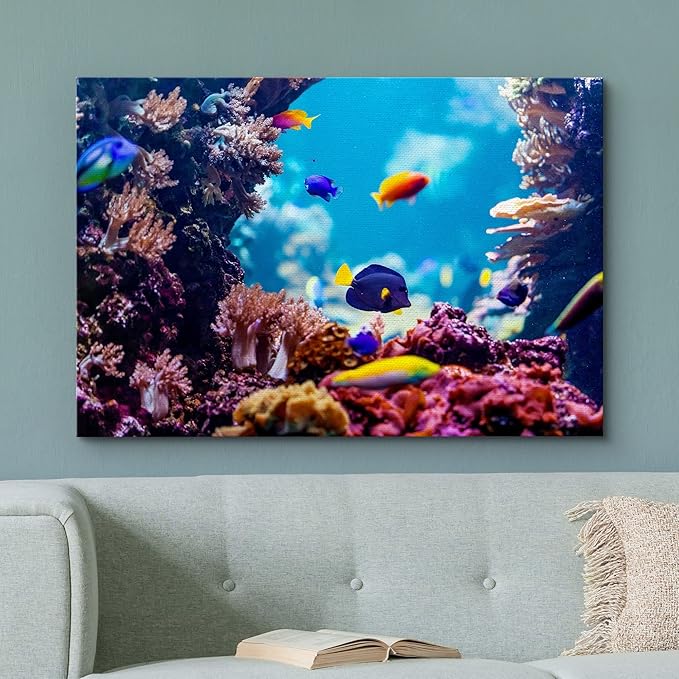 wall26 Canvas Print Wall Art Vibrant Blue Pink Coral Reef Blue Hippo Tang Nature Animals Photography Realism Rustic Scenic Landscape Wilderness Colorful for Living Room, Bedroom, Office - 16"x24"