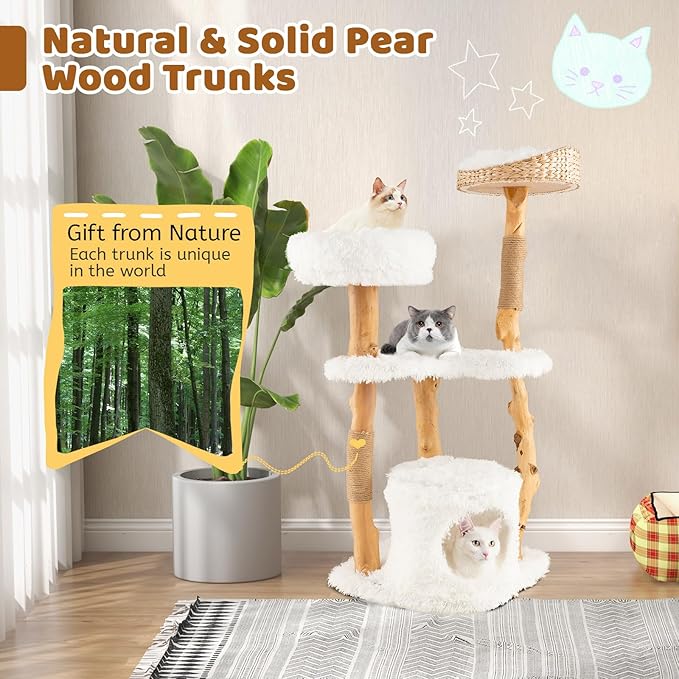 Tangkula Cat Tree Tower, Solid Wood Modern Cat Tower with Top Cattail Basket Bed, Side Perch, Large Platform & Condo, Cute Cat Tree with Scratching Posts for Indoor Cats Large Adult