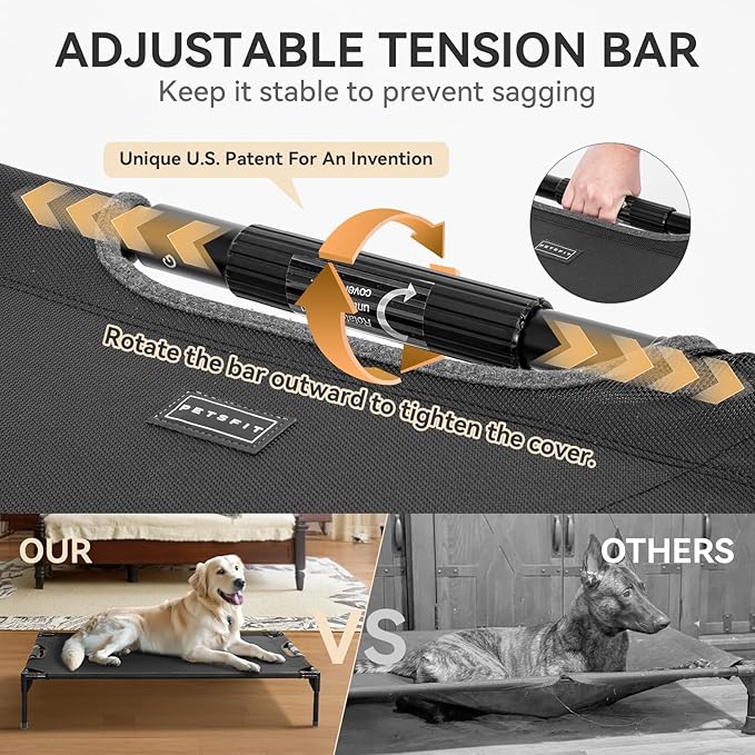 Petsfit Cooling Elevated Raised Dog Bed- Outdoor Pet Cot for Large Dogs, Upgraded Adjustable Firmness Pet Bed,Dog Hammock Bed with Durable Breathable Teslin Mesh,Non Slip, Black 48”