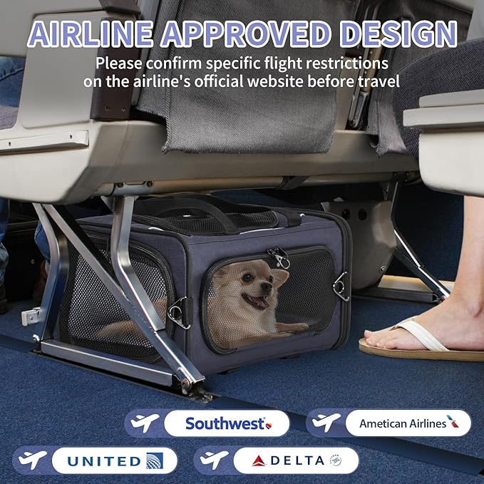 Petsfit Airline Approved Pet Carrier for Small Dogs & Cats, 19x9x12 TSA Approved Carrier, with Removable Dual-Sided Padding (2-Way Placement) - Fits Under Most Airplane Seats, Escape Proof (Navy)
