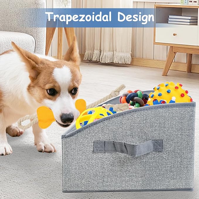 VCEPJH Dog Toy Basket Storage Box, 2 Pack Foldable Pet Toy Basket Shallow Puppy Toy Bin with Handles for Organizing Chew Toys Leashes Clothes Blankets And Accessories(Gray), TP062-2