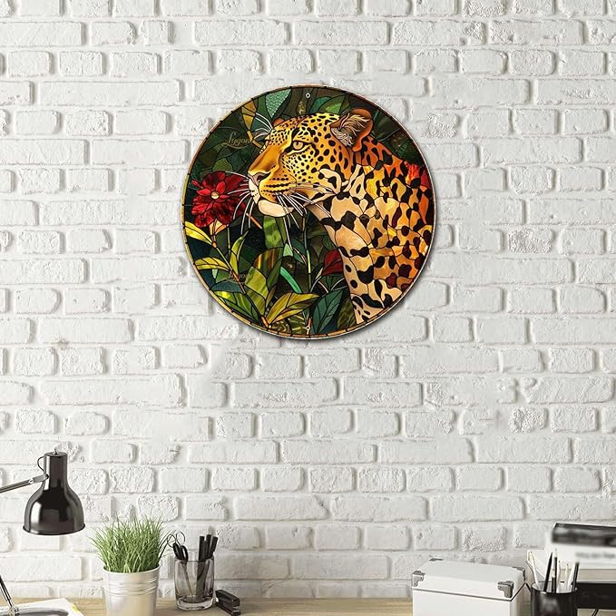 Lygond Metal Sign Tin Sign Circular Stained Glass Leopard Minimalist Wall Art for Garden 12×12 Inches