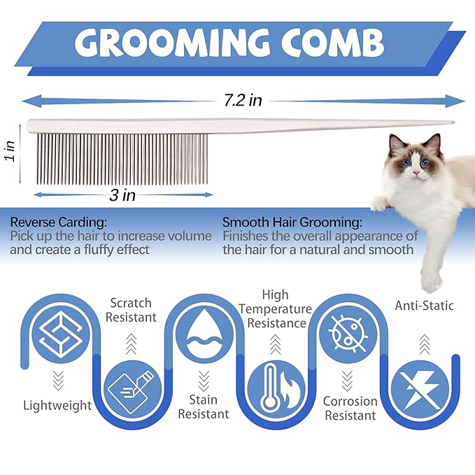 Grooming Pet Comb Rat Tail Dematting Cat and Dog Comb,Rounded Ends Design for Safe Tangle Removal, Hairstyling, Massage,Loose Hair Removal,Prevent Irritation,Fluffing Paws,Face,Tail,Remove Tear Stain