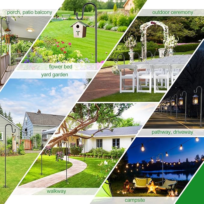 Hummingbird Feeder Pole - 62" Heavy Duty Bird Feeders Stand with Adjustable Anti-Tip Stake, Rustproof Shepards Hook with Hanger for Wind Chimes, Lanterns, Wreaths, Birdfeeders - Black