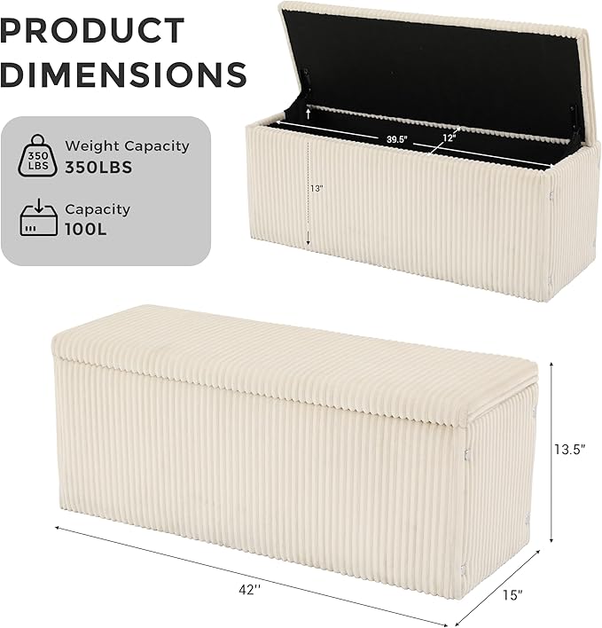 SUN TIME 42" Foldable Velvet Ottoman Bench with StorageοΌLarge Capacity End of Bed Chest, Soft Cushion Seat, Toy & Blanket Organizer, Footrest for Bedroom, Living Room, Entryway, Apartment