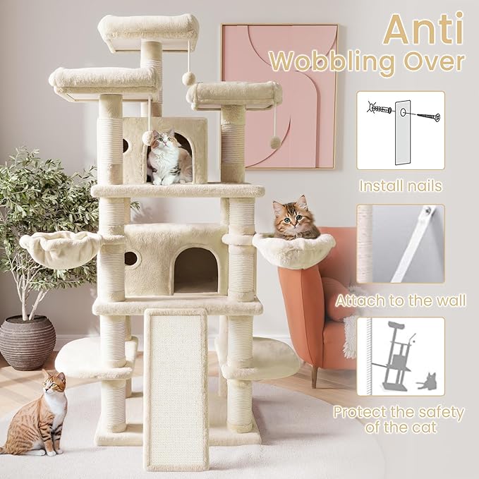 SHA CERLIN 68 Inches Multi-Level Large Cat Tree for Large Kitties/Big Cat Tower with Condo/Cozy Plush Pussycat Perches/Sisal Scratching Posts and Hammocks/Activity Center/Beige