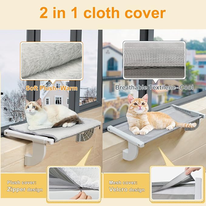 Sunhoo Cat Window Perch Hammock Kitty Bed for Windowsill Bedside Large Cats Shelf Seat Inside with Adjustable Ledge Sturdy Removable Cover Easy Assembly No Suction No Drill Hold 40lbs 22 * 13.58in(S)