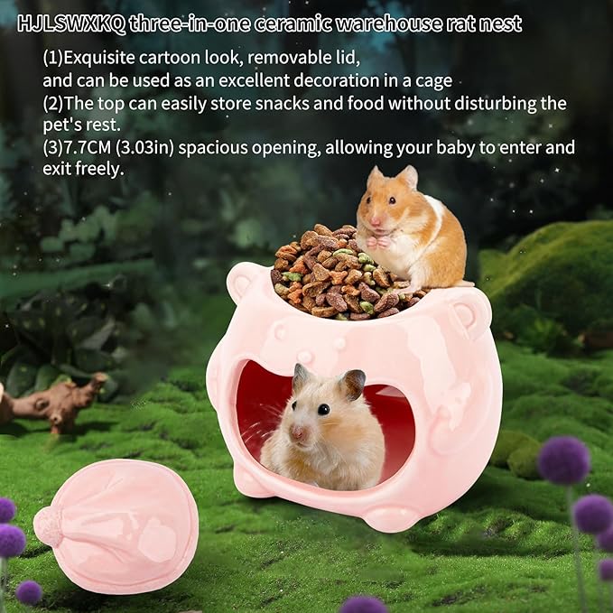 3-in-1 Bear Shaped Ceramic Hamster House - Cool House for Syrian Dwarf Hamsters, Mice, Gerbils, Small Pets, Top for Hamster Food, Removable Lid for Ice Packs, Cute Cool Hideout for Summer(Pink)