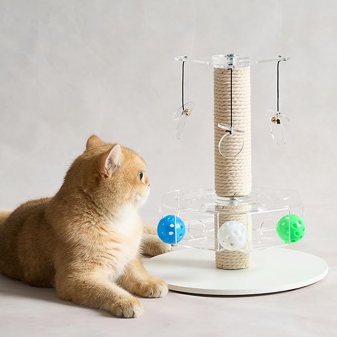 Modern 3-in-1 Interactive Cat Toy with Scratching Post, Rotating Cat Puzzle Toys for Indoor Cats with Colorful Jingle Balls, Spinning Teaser Disc with Dangling Toys, Acrylic, White