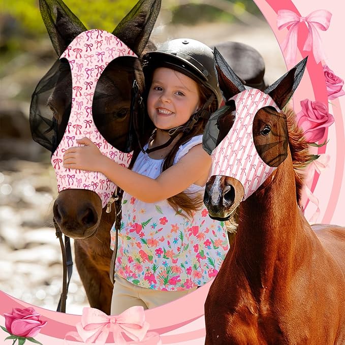 Chunful 6 Pcs Horse Fly Masks with Ears Smooth and Comfortable Cashel Mesh Fly Mask Elasticity Breathability UV Protection Horse Face Covering for Riding Supplies(Pink Bow,Medium)