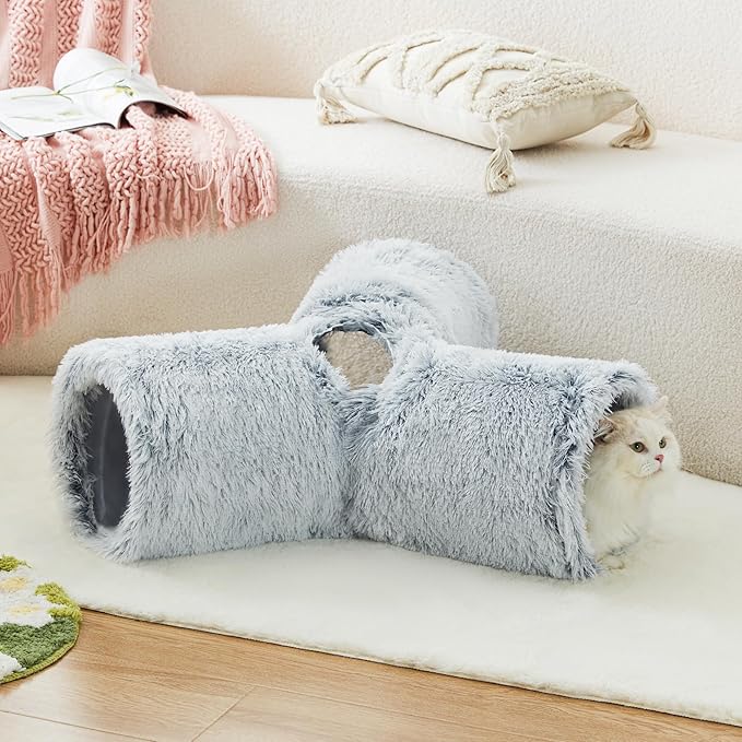 Tempcore Plush Pet Cat Tunnel Tube Cat Toys 3 Way Collapsible, Tunnels for Indoor Cats,Kitty Tunnel Bored Pet Toys Peek Hole Toy Ball Puppy, Kitty, Kitten, Rabbit Light Grey