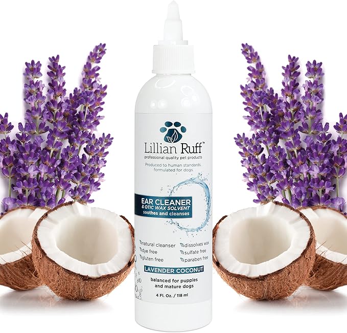 Lillian Ruff Ear Cleaner & Otic Wax Solvent for Dogs with Tea Tree Oil, Bee Propolis & Aloe - Coconut and Lavender Scent - Dissolve Wax and Combat Ear Odors - Safe for Sensitive Ears (4oz)