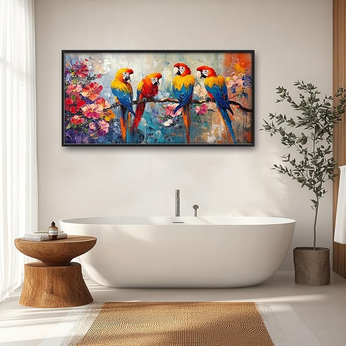 Extra Large Framed Parrot Bird Wall Art,Oversized Abstract Colorful Parrots Flower Wall Decor Pictures for Living Room,Canvas Print Painting Modern Artwork Bedroom Office Bathroom Home Decor 60L x30W