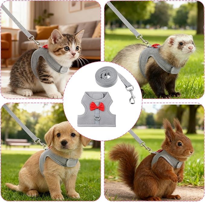 Bunny Harness and Leash Set, Cute Bow Rabbit Vest Soft Breathable Mesh Rabbit Leash and Harness Set Escape Proof Walking Gear for Rabbits, Ferrets, Kittens, Guinea Pigs, Grey M