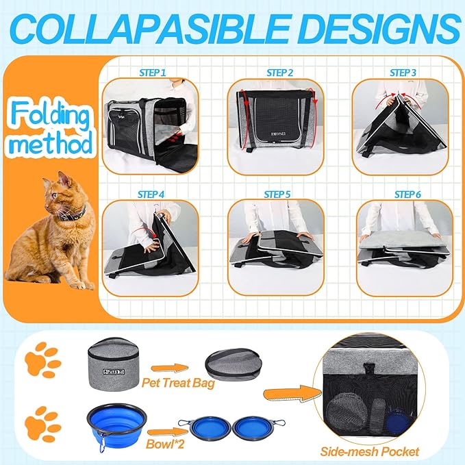 Petskd Extra Large Pet Carrier 24"x17"x17" for Large Cat or Medium Dog, Collapsible Soft Sided Dog cat Carrier for Long Trips with Lockable Safety Zippers(Grey)