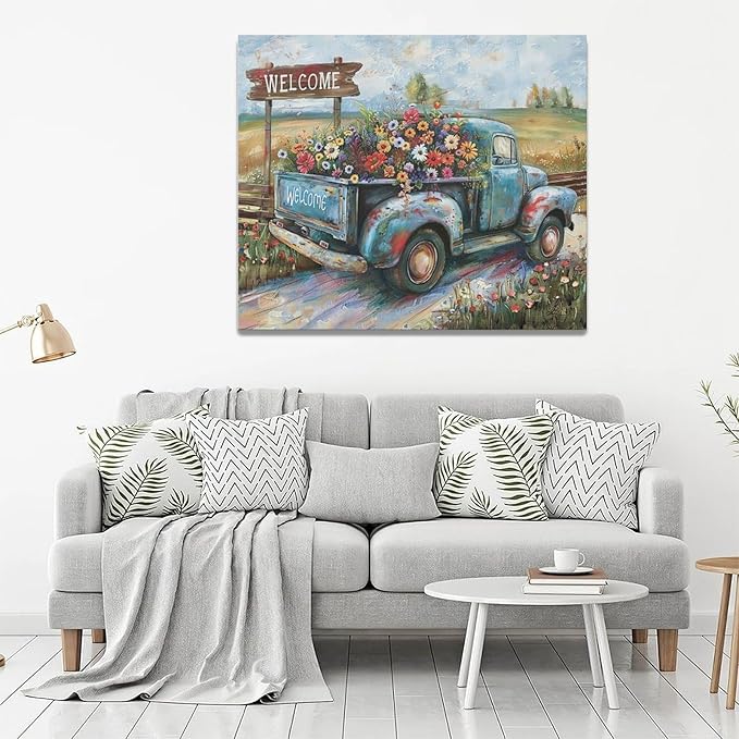 Farmhouse Truck Wall Art Rustic Country Wildflowers Wall Decor Road Flowers Landscape Pictures Canvas Print Painting Artwork for Bathroom Living Room Bedroom 20"x24"