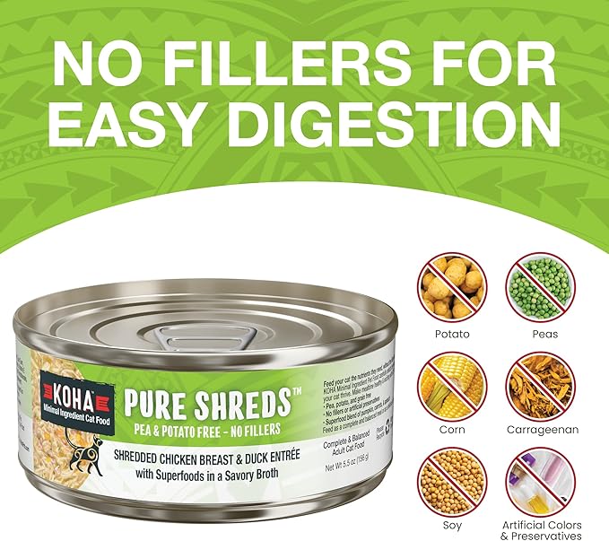 KOHA Pure Shreds Chicken and Duck Entrée for Cats, High Protein Wet Cat Food, 5.5oz Cans (Pack of 12)