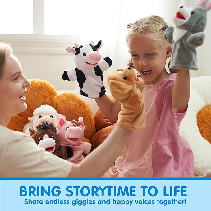 JOYIN 6Pcs Kids Hand Puppet Set with Working Mouth, Toddler Animal Plush Toy Includes Pig, Sheep, Dairy Cow, Dog, Goat, and Horse for Show Theater, Birthday Gifts for Boys Girls, Gifts for Christmas