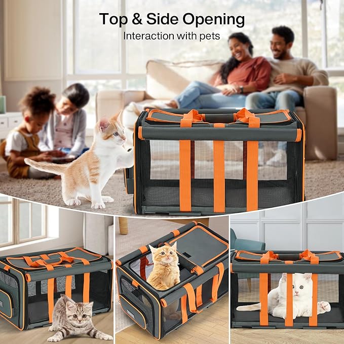 MILADA Large Cat Carrier for 2 Cats, Soft Big Pet Carrier with Wheels, Double Cat Carrier on Wheels, Rolling Pet Carrier for Travel Hiking Shopping and Camping(Not for Air Travel), Orange