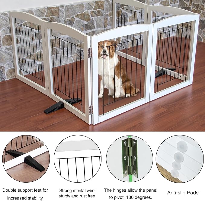 ZJSF Freestanding Dog Fence Indoor, Foldable Dog Gate for Doorways, Stairs or Hallways, Sturdy Wood Extra Wide Pet Gate with Support Feet for The House, White, 32 "Height-6 Panels