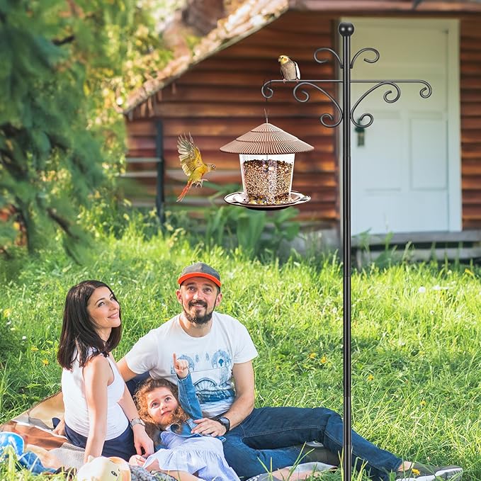 Bird Feeder Pole for Outdoors Heavy Duty Squirrel Proof, 2 Pack 63 Inch Adjustable Tall Shepherds Hooks for Outdoor with 7 Prongs Base, Double Shepherd Hooks (2 Pack Black, 63 Inch)