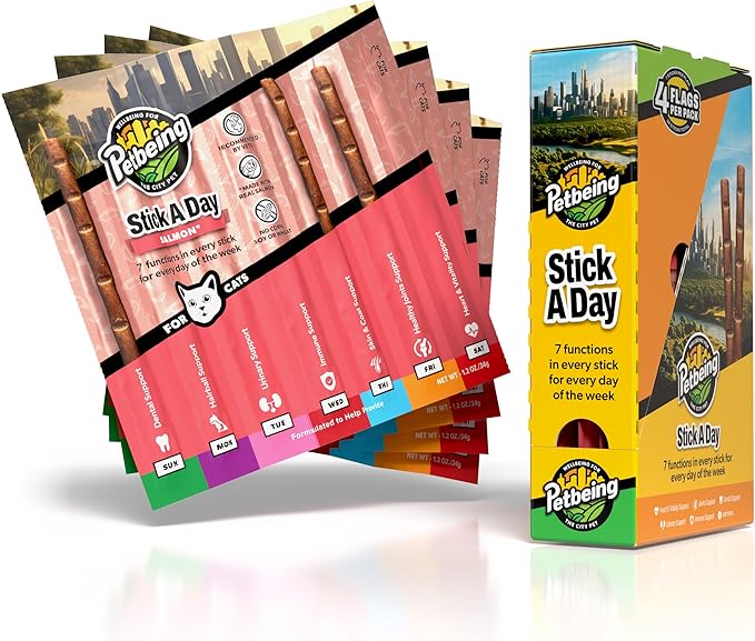 Stick a Day | Specially Formulated 7-in-1 Functions Daily Real Meat Supplement for Cats | Cat Chew Stick & Pet Vitamins Supplements Combination (7-Pack x 4, Salmon)
