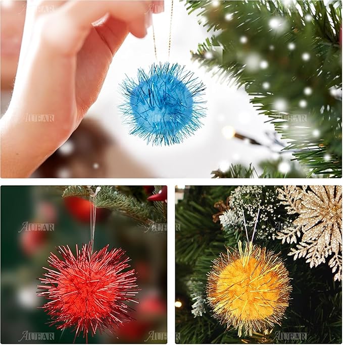 AUEAR, 12 Pack 2 Inch Sparkle Ball Shiny Glitter Tinsel Pom Poms Interactive Cat Balls for Kittens (4 Colors, 12 Inch-12 Pack)