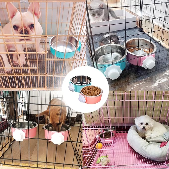 HERCOCCI Dog Crate Bowl, Removable Stainless Steel Pet Kennel Cage Hanging Food Bowls and Water Feeder Coop Cup Prevent Overflow for Puppy, Medium Dog, Cat, Rabbit, Ferret (3PCS)