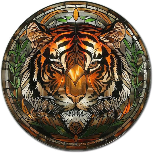 Lygond Metal Sign Tin Sign Circular Stained Glass Tigle Minimalist Wall Art for Home Decor 8×8 Inches