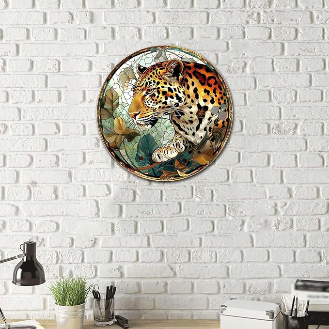 Lygond Metal Sign Tin Sign Circular Stained Glass Leopard Vintage Metal Sign for Gift 12×12 Inches