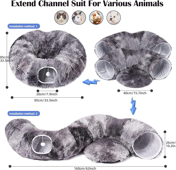 Odoland Cat Tunnels for Indoor Cats with Fluffy Plush Central Cat Couch and 20 Cat Toys, Tunnel Bed for Cats with Hanging Ball, Detachable Soft Mat and Variety Kitty Toy Set, Grey