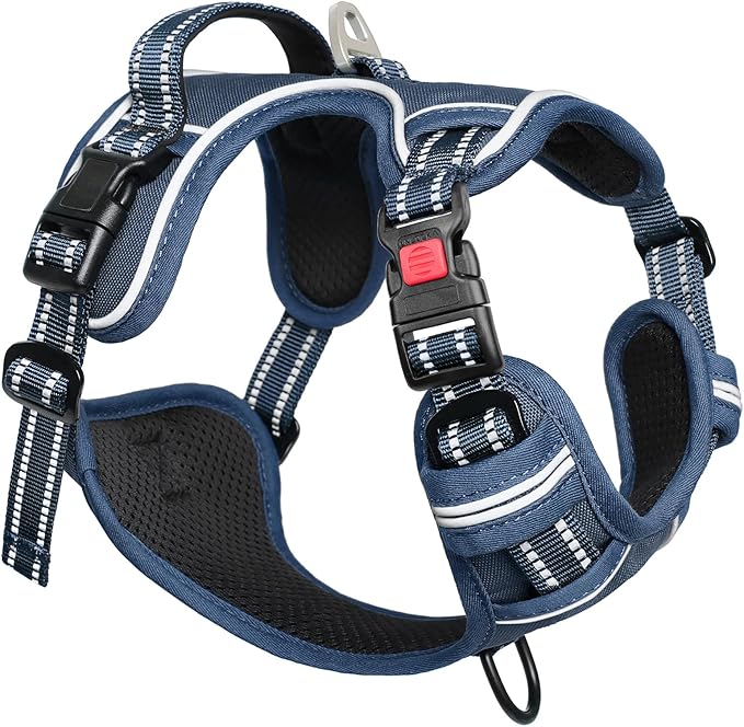 Timos Dog Harness Large Sized, No Pull Pet Harness with Neck Lockable Snap,No Choke Front Clip Dog Reflective Vest,Adjustable Metal Rings 3 Buckles,Easy Control Handle for Large Dogs Royal Blue L