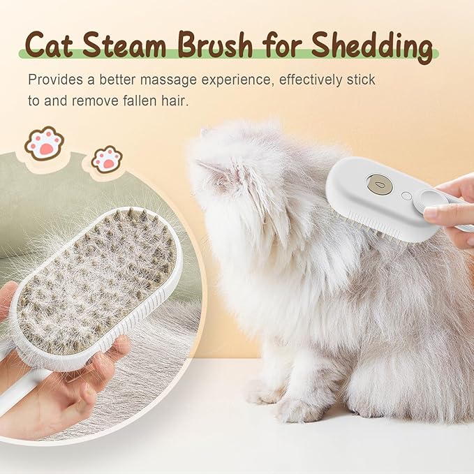 Upgrade Cat Steam Brush, 3 in 1 Pet Steam Groomer Brush, Rechargeable Pet Steam Groomer Comb for Massaging and Cleaning Shedding Pets Hair, Anti-Static Hair Removal Comb for Cats Dogs (Khaki+White)