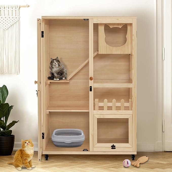 MCombo Wooden Cat Houses for Indoor Cats, Luxury Kitten House with Scratching Pad, Lockable Doors, Wheels, CT090