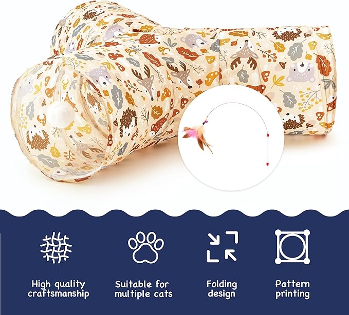 Tempcore Pet Cat Tunnel Tube Cat Toys 3 Way Collapsible, Cat Tunnels for Indoor Cats,Kitty Tunnel Bored Pet Toys Peek Hole Toy Ball Puppy, Kitty, Kitten, Rabbit Beige Deer