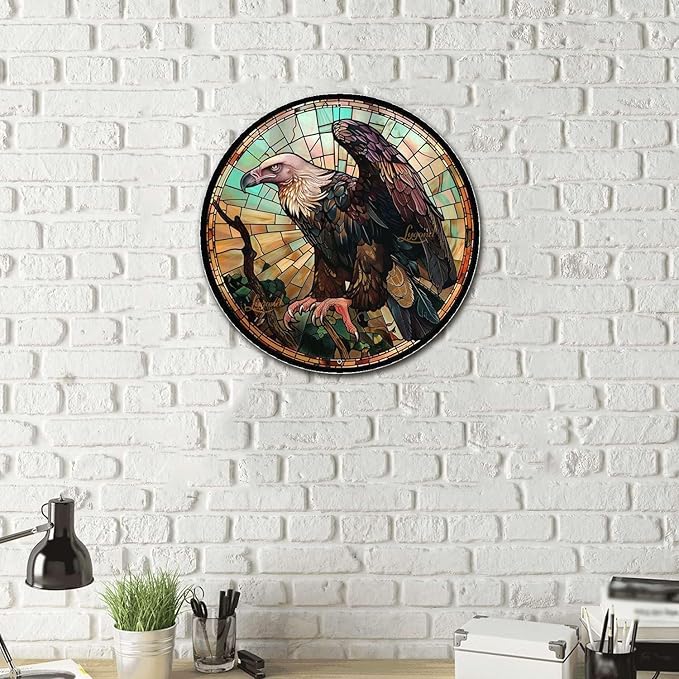 Lygond Metal Sign Tin Sign Circular Stained Glass Vulture Boho Office Decor for Pet 12×12 Inches