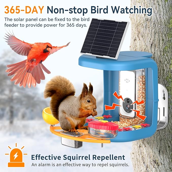 Solar-Powered Smart Bird Feeder with Camera Solar Powered,2K Video Recording, Auto Bird ID & Extensive DIY Accessories,2 in 1 Hummingbird Feeder Camera Ideal Present for Bird Lovers (Blue)