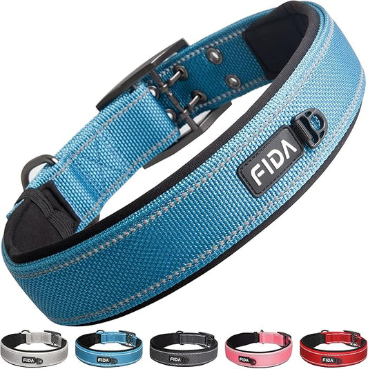 Fida Heavy Duty Dog Collar 1.5β Width, Ultra Soft Neoprene Padded, Adjustable Reflective Nylon Pet Collar with Two Metal Pin Belt Buckle for Extra-Large Breeds (XL, Blue)