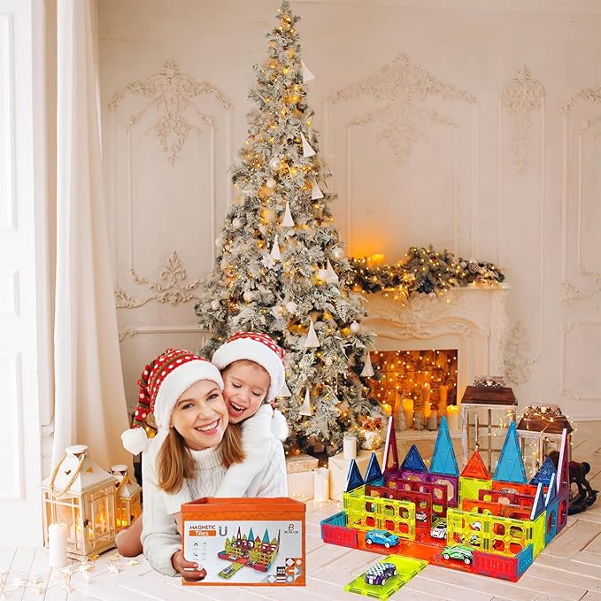 Magnetic Tiles Parking Building Playset with 10 Pull-Back Metal Cars for Kids Construction STEM Toy Preschool Creativity Learning Birthday Gift for Girls Boys Toddlers 3 4 5 6 7 8